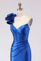 Load image into Gallery viewer, Royal Blue Satin Beaded Mermaid Long Corset Prom Dress with Slit