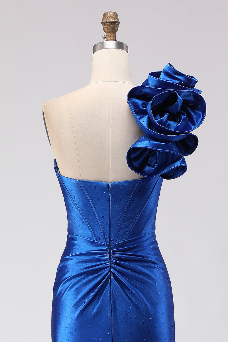 Load image into Gallery viewer, Royal Blue Satin Beaded Mermaid Long Corset Prom Dress with Slit