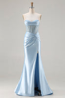 Load image into Gallery viewer, Sparkly Sky Blue Mermaid Beaded Sweetheart Long Corset Prom Dress with Slit