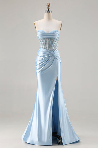 Sparkly Sky Blue Mermaid Beaded Sweetheart Long Corset Prom Dress with Slit