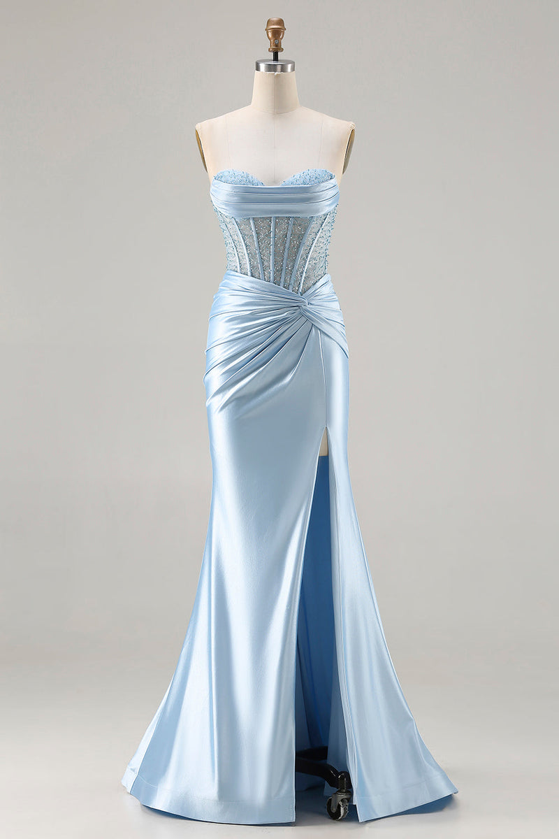 Load image into Gallery viewer, Sparkly Sky Blue Mermaid Beaded Sweetheart Long Corset Prom Dress with Slit