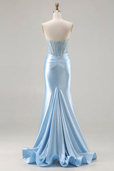 Sparkly Sky Blue Mermaid Beaded Sweetheart Long Corset Prom Dress with Slit