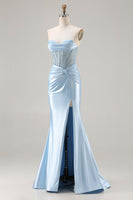 Load image into Gallery viewer, Sparkly Sky Blue Mermaid Beaded Sweetheart Long Corset Prom Dress with Slit