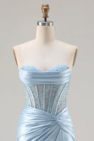 Load image into Gallery viewer, Sparkly Sky Blue Mermaid Beaded Sweetheart Long Corset Prom Dress with Slit