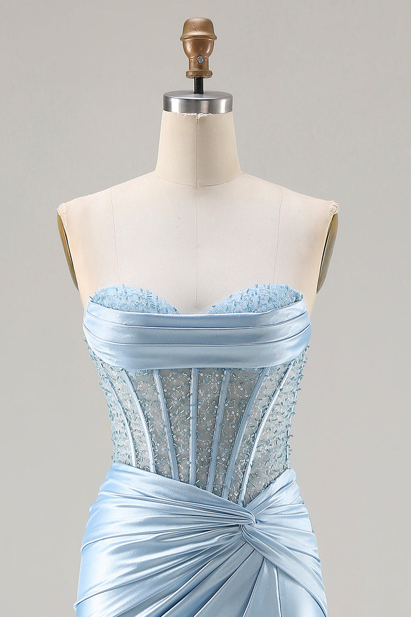 Load image into Gallery viewer, Sparkly Sky Blue Mermaid Beaded Sweetheart Long Corset Prom Dress with Slit