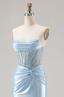 Load image into Gallery viewer, Sparkly Sky Blue Mermaid Beaded Sweetheart Long Corset Prom Dress with Slit