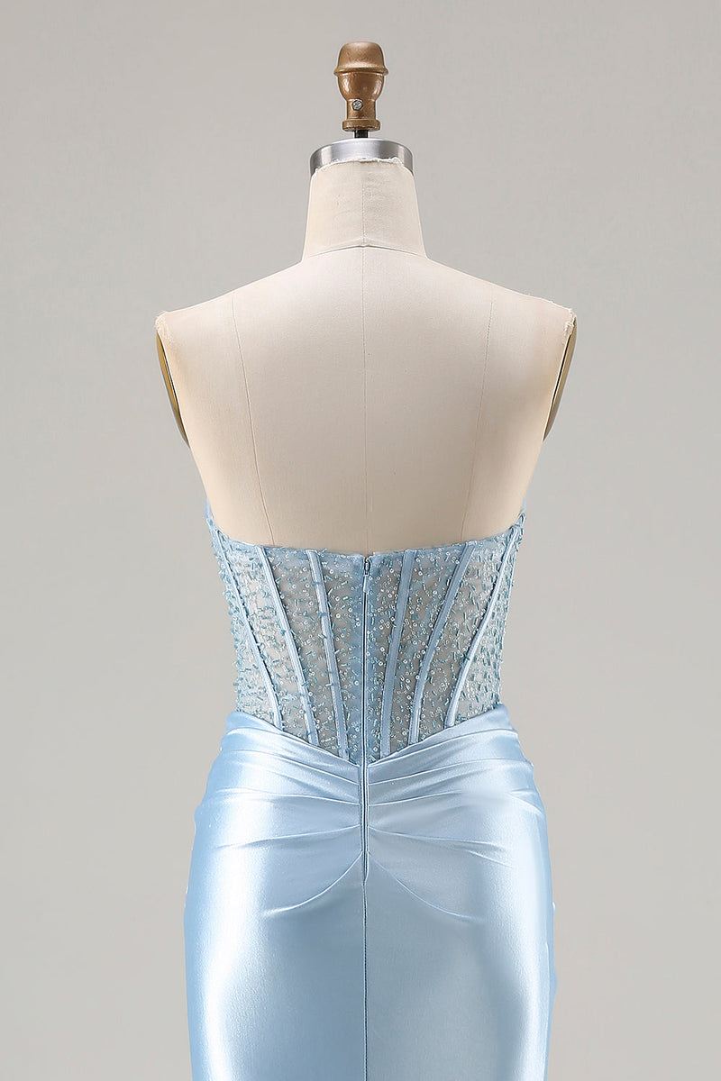 Load image into Gallery viewer, Sparkly Sky Blue Mermaid Beaded Sweetheart Long Corset Prom Dress with Slit