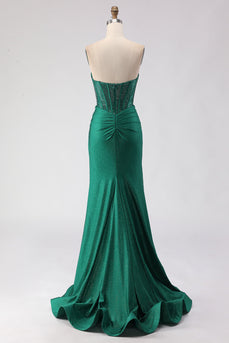 Sparkly Dark Green Mermaid Sweetheart Long Corset Prom Dress with Slit