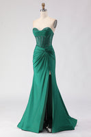 Load image into Gallery viewer, Sparkly Dark Green Mermaid Sweetheart Long Corset Prom Dress with Slit