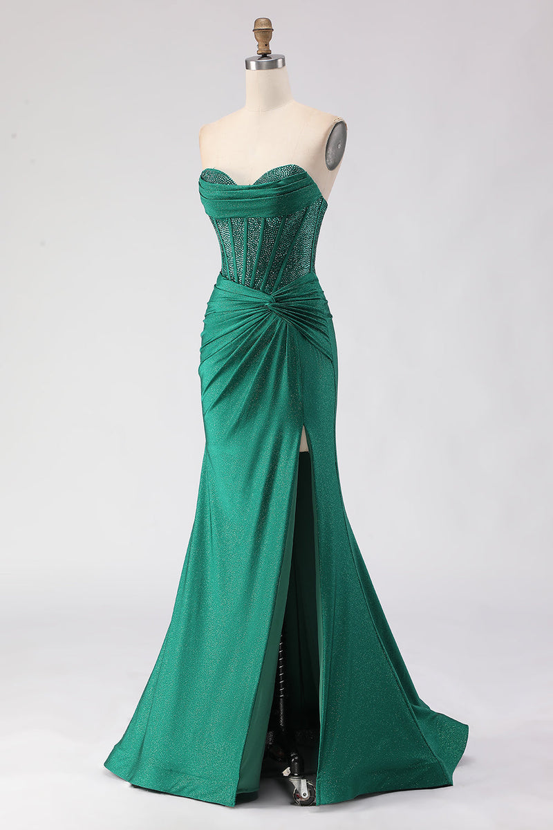 Load image into Gallery viewer, Sparkly Dark Green Mermaid Sweetheart Long Corset Prom Dress with Slit