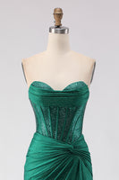 Load image into Gallery viewer, Sparkly Dark Green Mermaid Sweetheart Long Corset Prom Dress with Slit