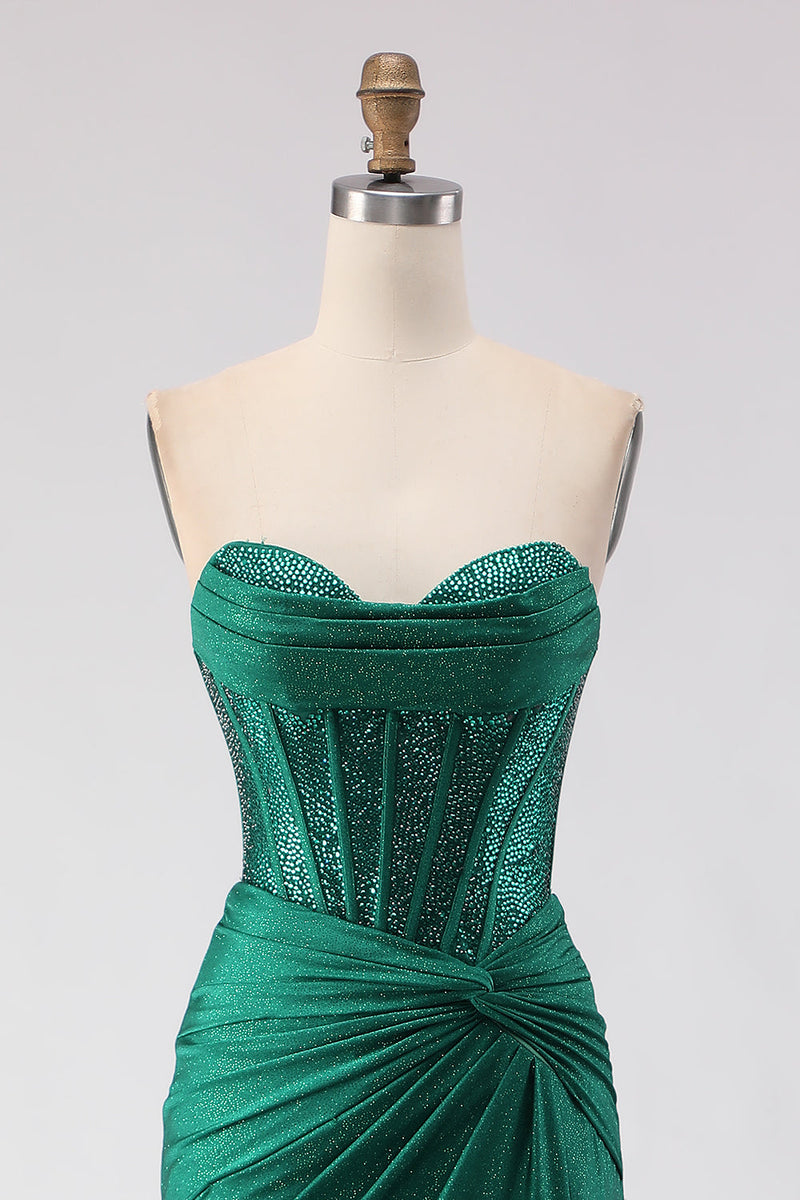 Load image into Gallery viewer, Sparkly Dark Green Mermaid Sweetheart Long Corset Prom Dress with Slit