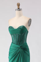 Load image into Gallery viewer, Sparkly Dark Green Mermaid Sweetheart Long Corset Prom Dress with Slit