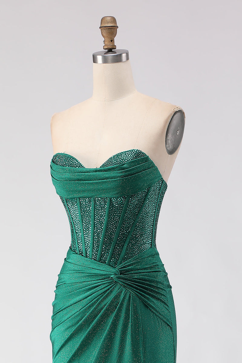 Load image into Gallery viewer, Sparkly Dark Green Mermaid Sweetheart Long Corset Prom Dress with Slit
