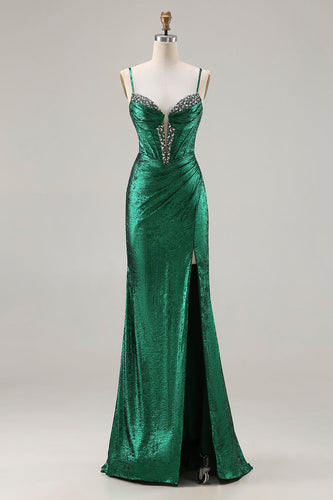 Sparkly Dark Green Ruched Mermaid Long Corset Prom Dress with Slit