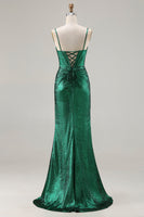 Load image into Gallery viewer, Sparkly Dark Green Ruched Mermaid Long Corset Prom Dress with Slit