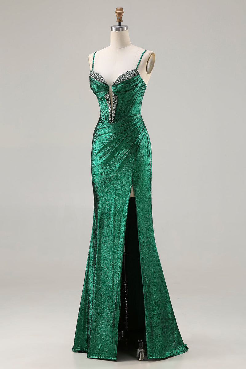 Load image into Gallery viewer, Sparkly Dark Green Ruched Mermaid Long Corset Prom Dress with Slit