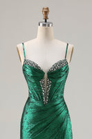 Load image into Gallery viewer, Sparkly Dark Green Ruched Mermaid Long Corset Prom Dress with Slit