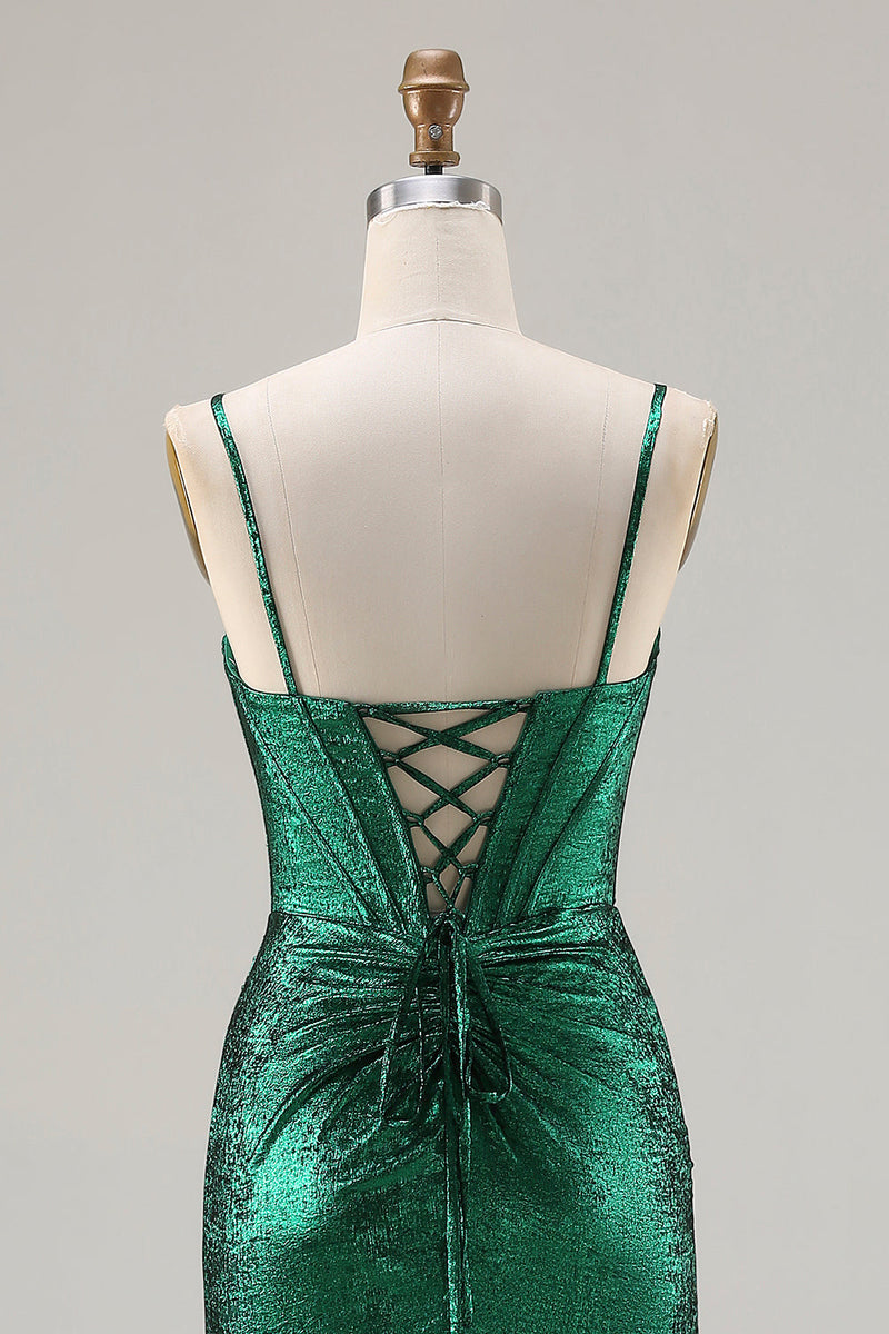 Load image into Gallery viewer, Sparkly Dark Green Ruched Mermaid Long Corset Prom Dress with Slit