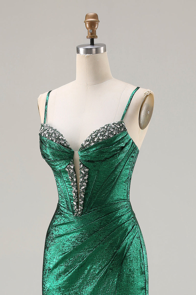 Load image into Gallery viewer, Sparkly Dark Green Ruched Mermaid Long Corset Prom Dress with Slit