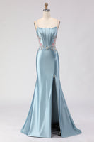 Load image into Gallery viewer, Floral Grey Blue Spaghetti Straps Mermaid Long Corset Prom Dress with Slit