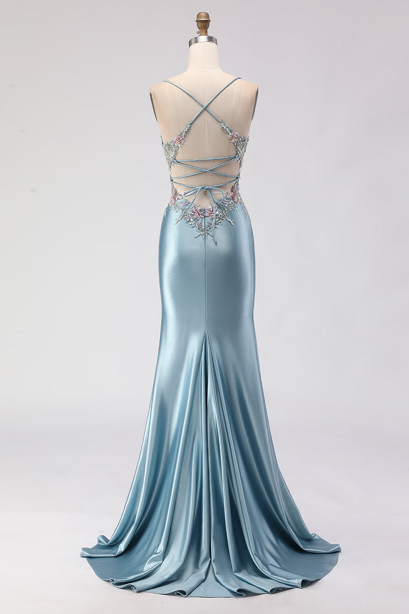 Load image into Gallery viewer, Floral Grey Blue Spaghetti Straps Mermaid Long Corset Prom Dress with Slit