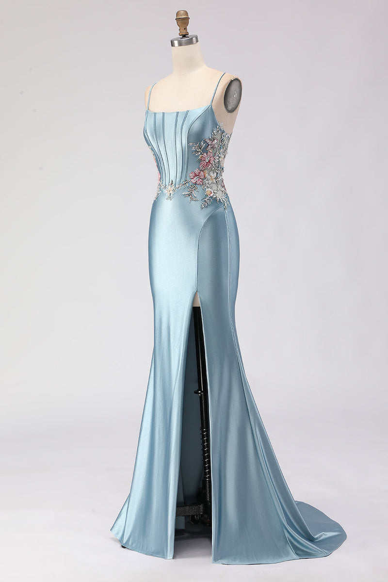 Load image into Gallery viewer, Floral Grey Blue Spaghetti Straps Mermaid Long Corset Prom Dress with Slit