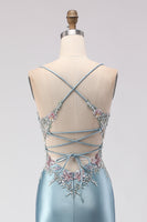 Load image into Gallery viewer, Floral Grey Blue Spaghetti Straps Mermaid Long Corset Prom Dress with Slit