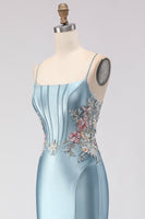 Load image into Gallery viewer, Floral Grey Blue Spaghetti Straps Mermaid Long Corset Prom Dress with Slit