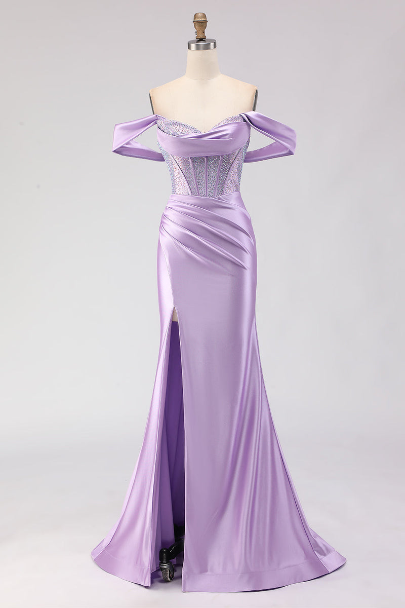 Load image into Gallery viewer, Sparkly Purple Off the Shoulder Beaded Long Corset Prom Dress with Slit