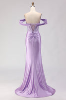 Load image into Gallery viewer, Sparkly Purple Off the Shoulder Beaded Long Corset Prom Dress with Slit