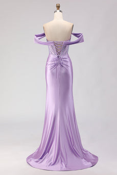 Sparkly Purple Off the Shoulder Beaded Long Corset Prom Dress with Slit