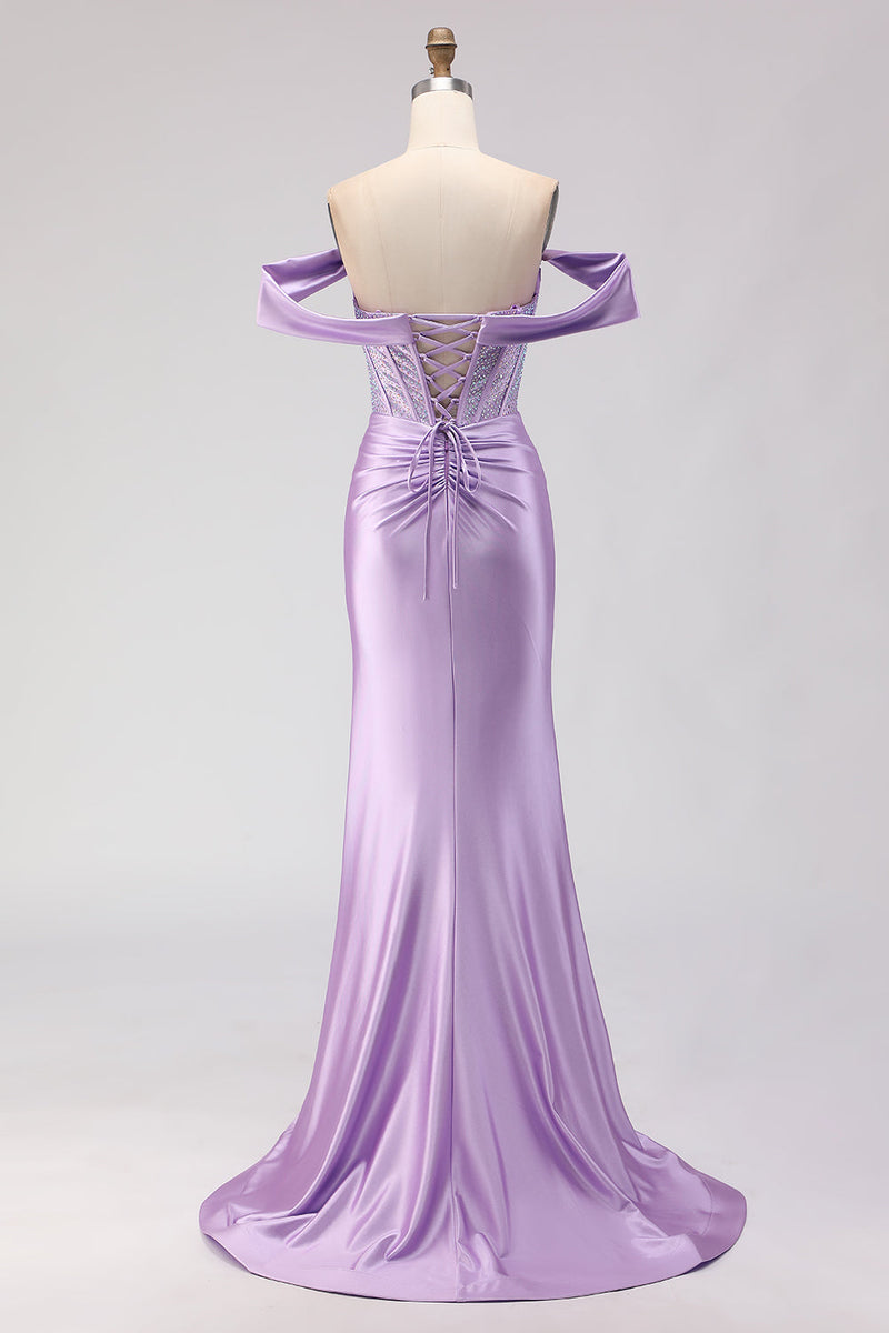 Load image into Gallery viewer, Sparkly Purple Off the Shoulder Beaded Long Corset Prom Dress with Slit