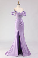 Load image into Gallery viewer, Sparkly Purple Off the Shoulder Beaded Long Corset Prom Dress with Slit