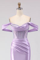Load image into Gallery viewer, Sparkly Purple Off the Shoulder Beaded Long Corset Prom Dress with Slit