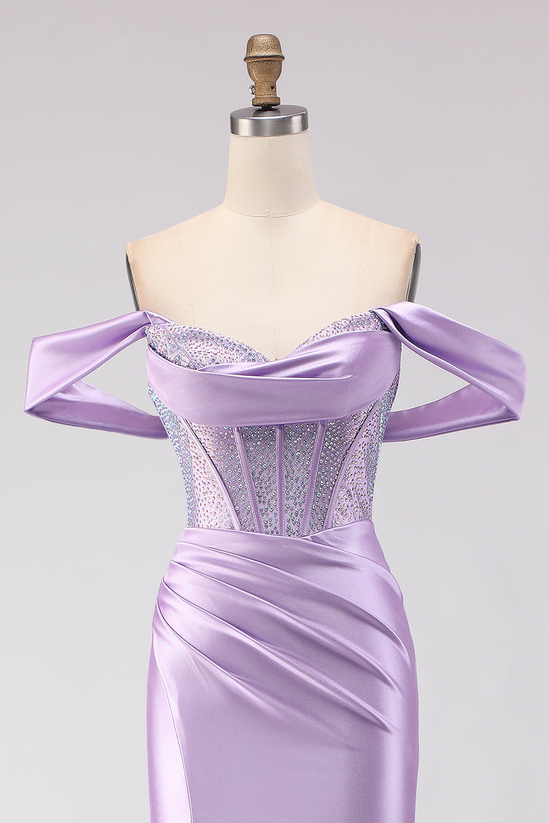 Load image into Gallery viewer, Sparkly Purple Off the Shoulder Beaded Long Corset Prom Dress with Slit
