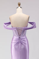 Load image into Gallery viewer, Sparkly Purple Off the Shoulder Beaded Long Corset Prom Dress with Slit
