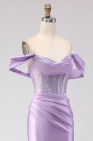 Load image into Gallery viewer, Sparkly Purple Off the Shoulder Beaded Long Corset Prom Dress with Slit