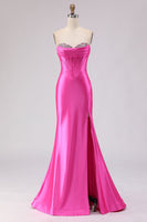 Load image into Gallery viewer, Sparkly Fuchsia Sweetheart Long Corset Prom Dress with Slit