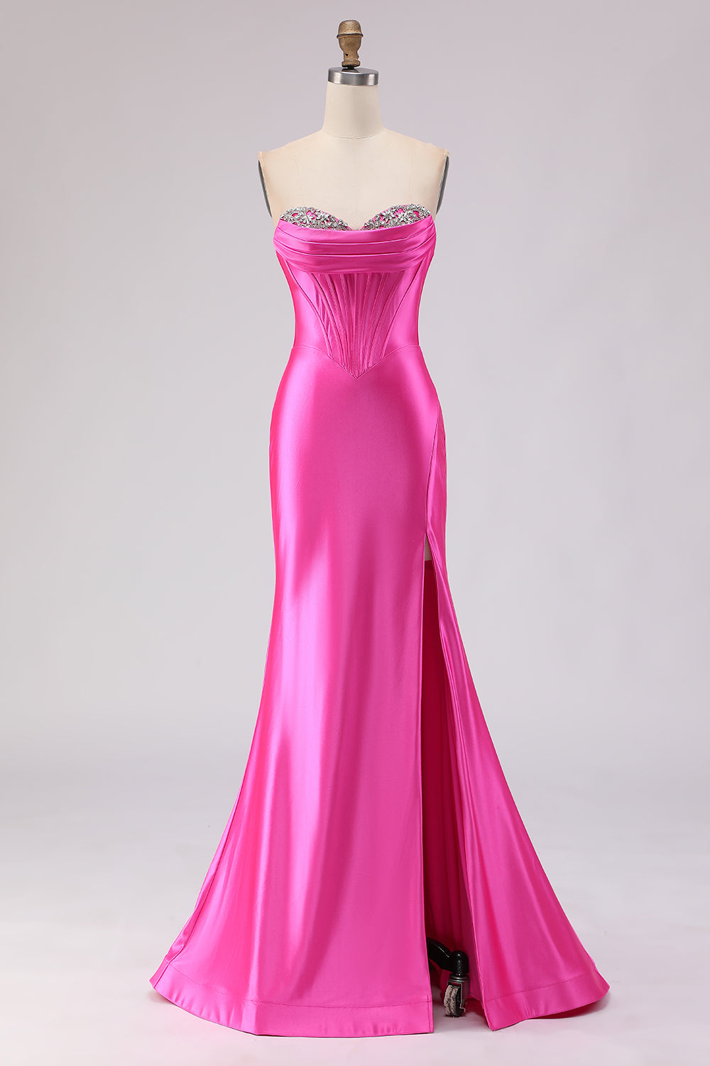 Sparkly Fuchsia Sweetheart Long Corset Prom Dress with Slit