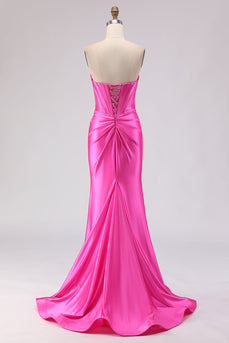Sparkly Fuchsia Sweetheart Long Corset Prom Dress with Slit
