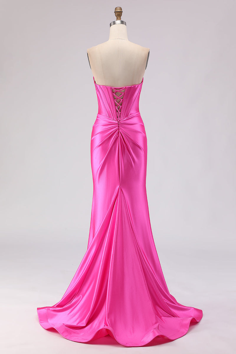 Load image into Gallery viewer, Sparkly Fuchsia Sweetheart Long Corset Prom Dress with Slit