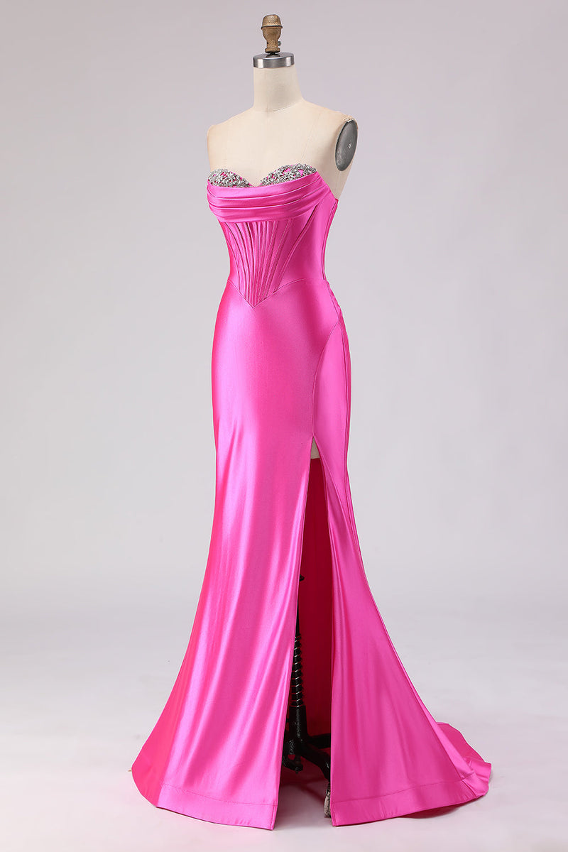 Load image into Gallery viewer, Sparkly Fuchsia Sweetheart Long Corset Prom Dress with Slit