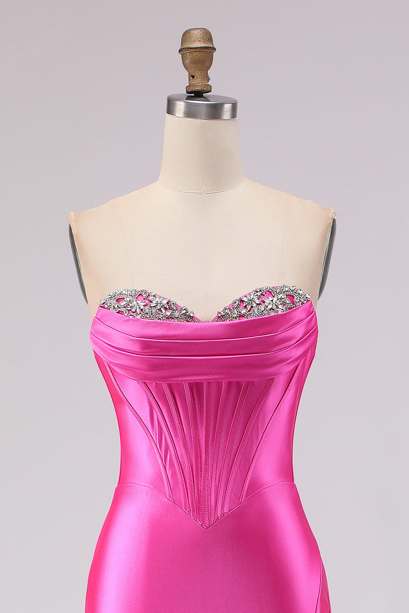 Load image into Gallery viewer, Sparkly Fuchsia Sweetheart Long Corset Prom Dress with Slit