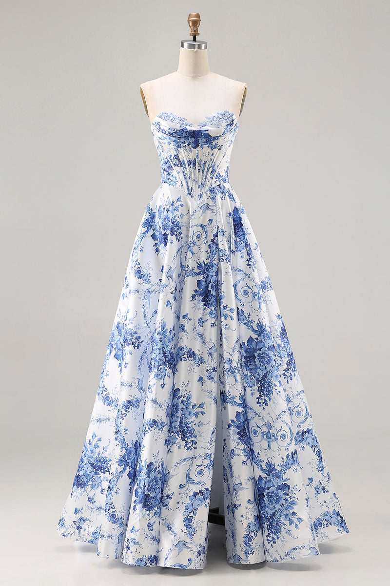 Load image into Gallery viewer, Blue Floral Strapless A Line Long Corset Prom Dress with Slit