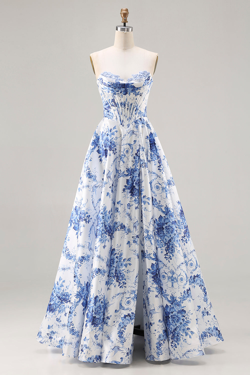 Blue Floral Strapless A Line Long Corset Prom Dress with Slit