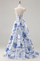 Load image into Gallery viewer, Blue Floral Strapless A Line Long Corset Prom Dress with Slit