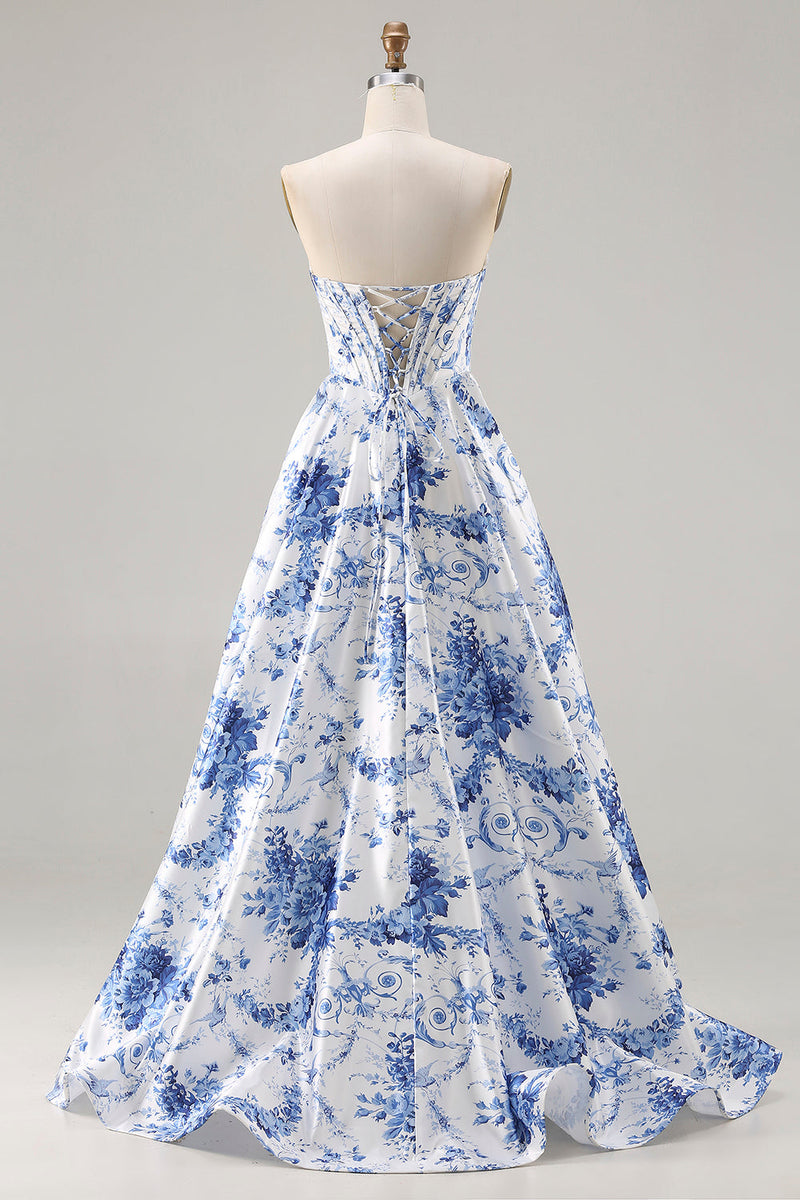 Load image into Gallery viewer, Blue Floral Strapless A Line Long Corset Prom Dress with Slit