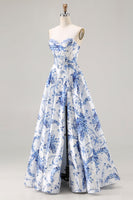 Load image into Gallery viewer, Blue Floral Strapless A Line Long Corset Prom Dress with Slit