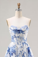 Load image into Gallery viewer, Blue Floral Strapless A Line Long Corset Prom Dress with Slit